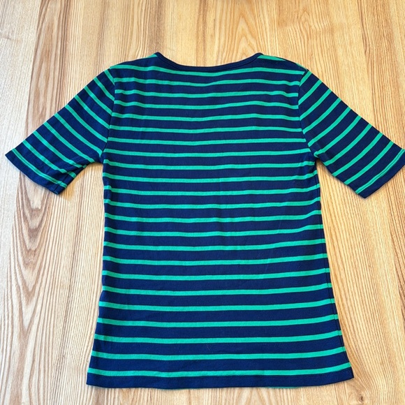 J Crew Perfect Fit Elbow Length Tee Navy/Green stripe - Picture 2 of 7
